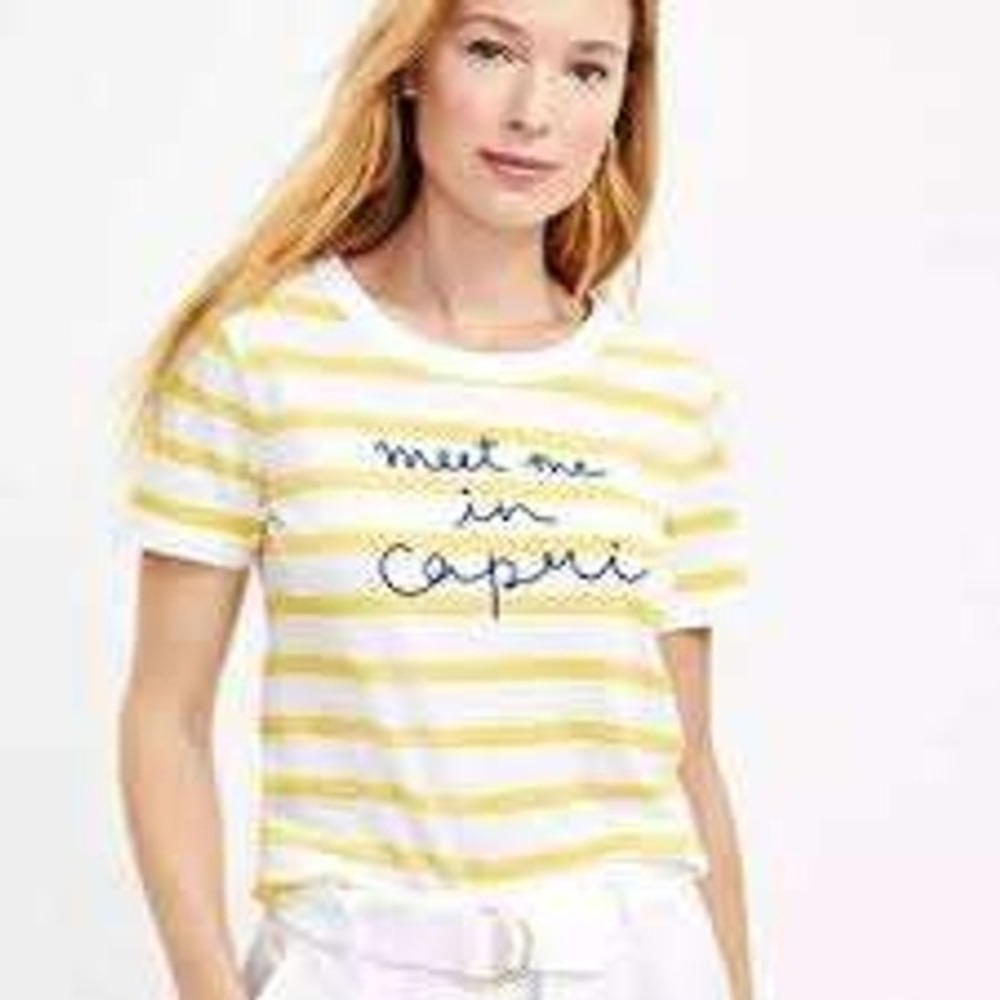 LOFT Women's Yellow White Stripe Meet‎ Me In Capri Graphic T Shirt - Size XS